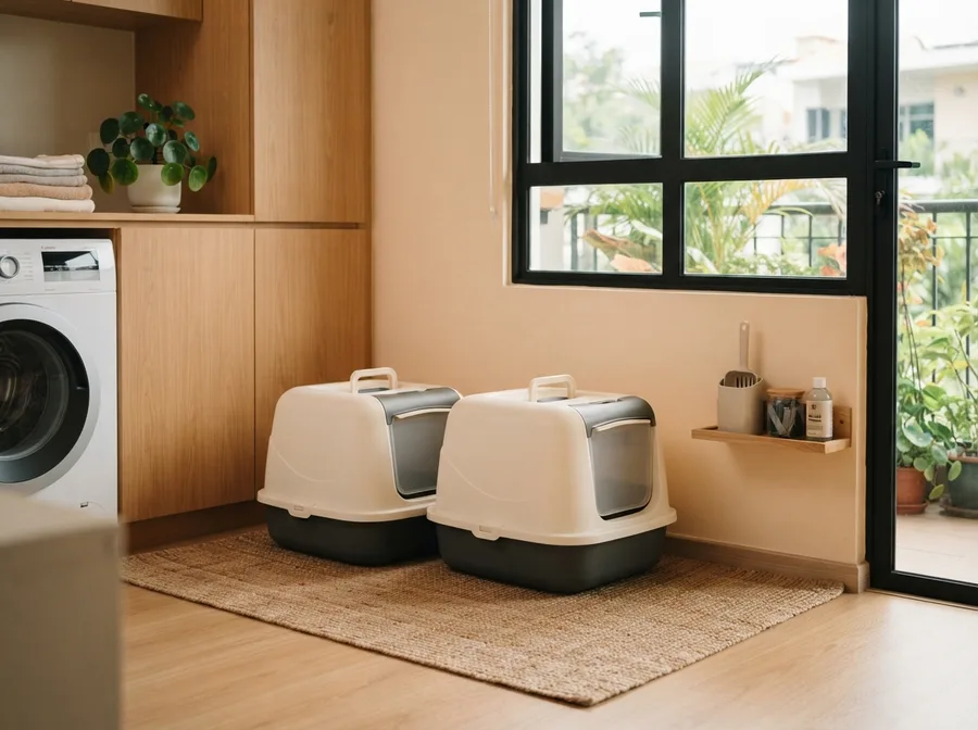 Two litter trays set up in a flat utility area