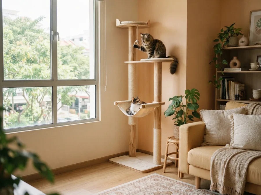 Two cats using a cat tree in a small living room