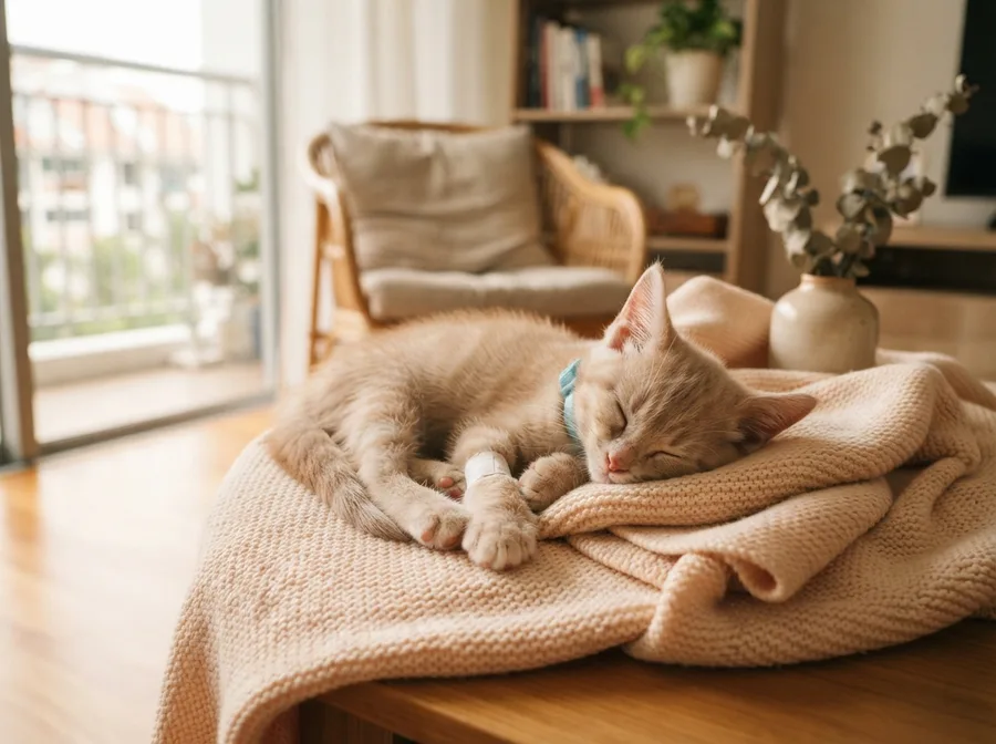 A kitten resting at home after its vaccination