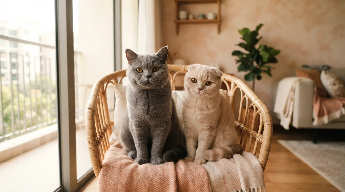 A British Shorthair and a Scottish Fold sitting side by side