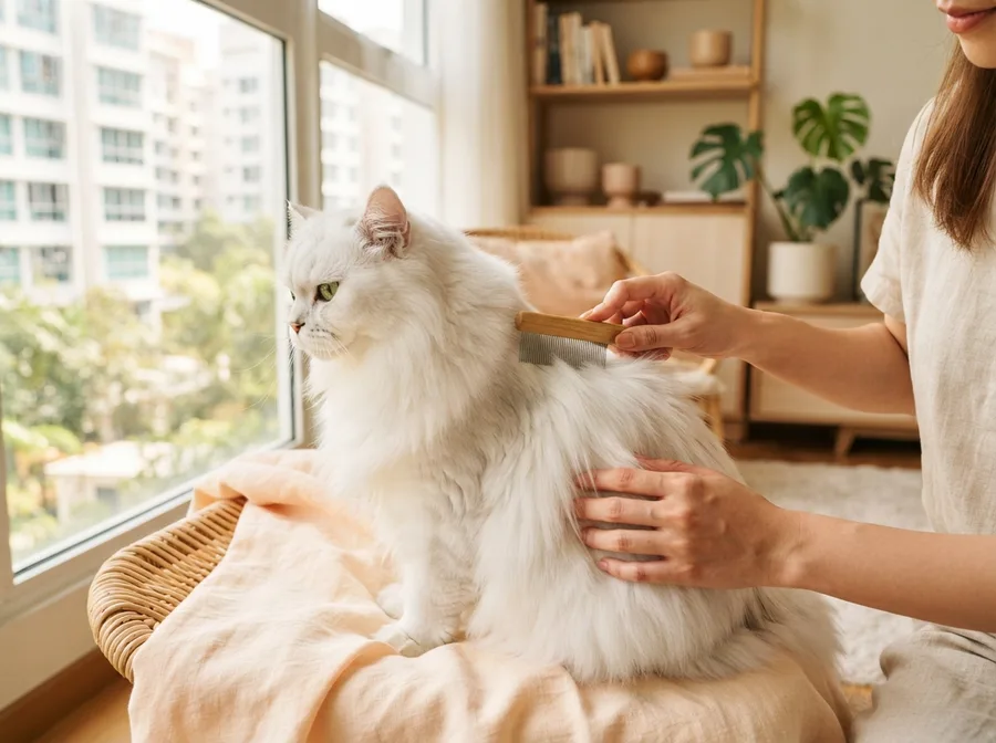 A long-coated white cat being combed