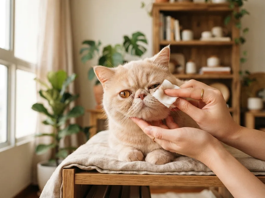 Close-up of a flat-faced cat having its eye area cleaned