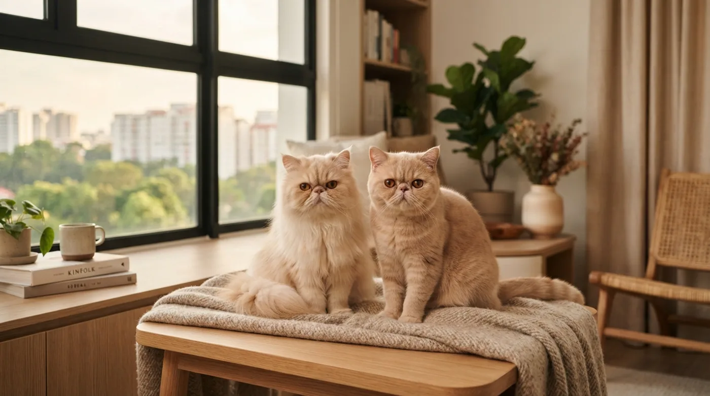 A Persian and an Exotic Shorthair sitting side by side