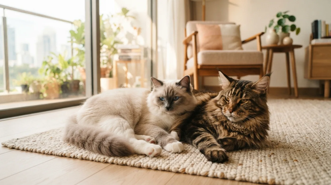 A Ragdoll and a Maine Coon lying together on a rug