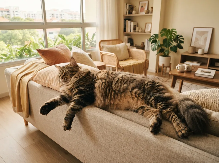 A large longhaired Maine Coon stretched across a sofa